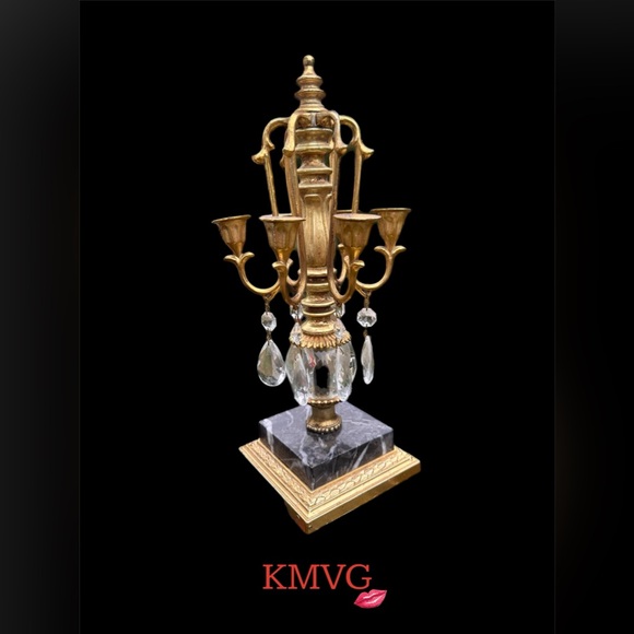 Vintage Art Deco Dilly MFG Co Brass on Marble Crystal Drops Six Arm Candelabra - Picture 1 of 9